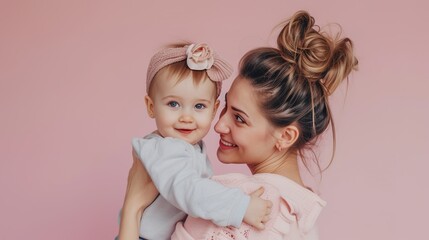 Family Bond: Parent and child, mother and daughter on pink background