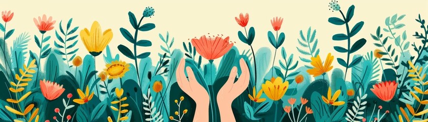 Colorful illustration of hands holding a flower amidst a garden of diverse, vibrant blossoms and leaves, symbolizing growth and nature.