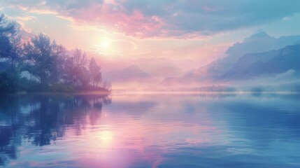 Fototapeta premium Design a panoramic digital painting of a serene lakeside yoga session at dawn