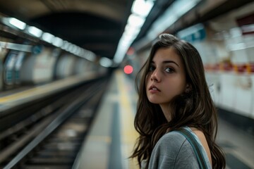 A young woman waiting on a subway platform looks over her shoulder with a blurred background