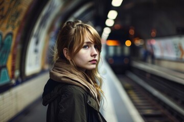 Fototapeta premium Blonde woman glancing back on a platform of an intricately designed underground station