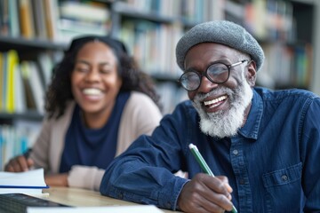 An elderly man with glasses and a young woman laugh while studying in a modern library setting