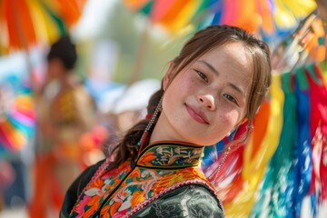 A person with vibrant festive attire attending a colorful cultural event