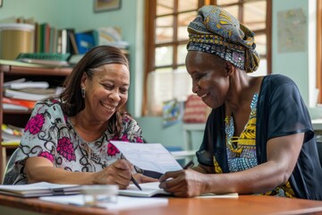 Two African women sharing a joyous moment while working on documents in a well-lit room