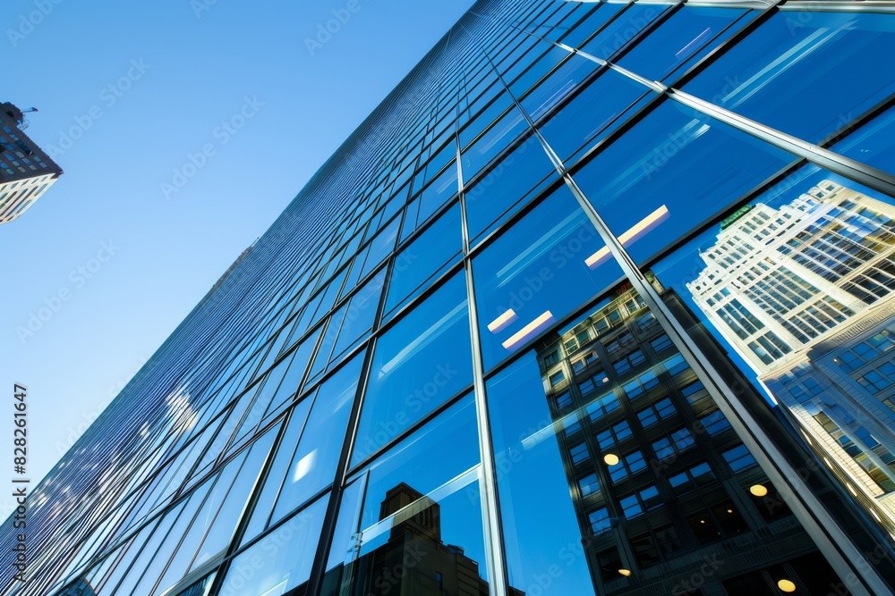 Poster a visual play with reflections where a glass skyscraper captures the blue sky and clouds within its 