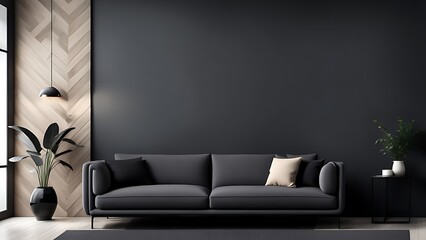 Living room in gray and black, Minimalist design with blank empty dark interior, graphite modern sofa, herringbone beige accent, 3D render
