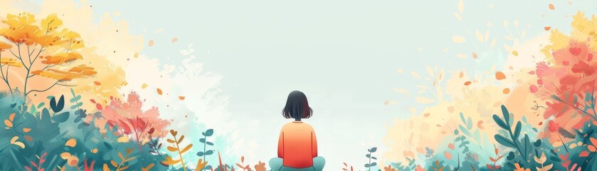 Illustration of a person sitting in nature surrounded by colorful autumn foliage, depicting serenity and reflection.