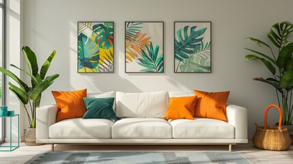 Modern living room with a white couch, orange pillows, and tropical wall art. Green plants add freshness and natural elements to the decor.