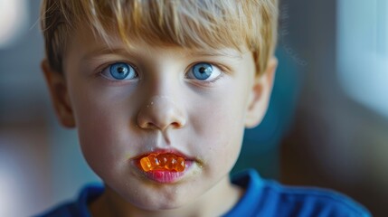 Portrait of an adorable 7 year old boy with a gummy bear in his mouth promoting children s health and immunity with vitamins