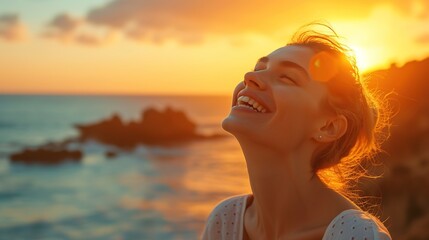 Sunset Serenity: Woman Relaxing on Beach