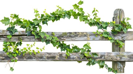 an old wooden fence overgrown with a weaving green ivy leaves, isolated on white background