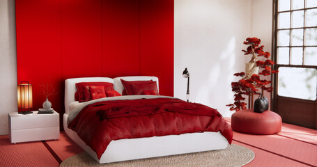 Red Bedroom minimal Modern wall and wooden tiles floor.