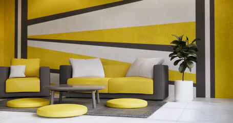 Living room Black and yellow wall colorful with sofa armchair and tiles granite floor.