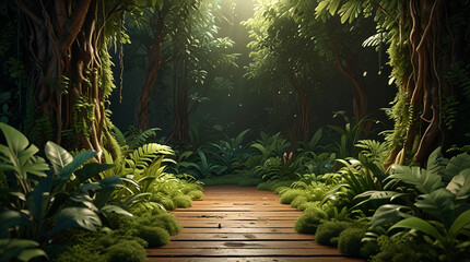 Obraz premium Tropical rainforest scene with a variety of green plants and ferns, where sunlight filters through the canopy, casting soft beams of light on a wooden path in the foreground and enhancing the tranquil
