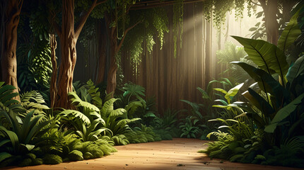 Tropical rainforest scene with a variety of green plants and ferns, where sunlight filters through the canopy, casting soft beams of light on a wooden path in the foreground and enhancing the tranquil