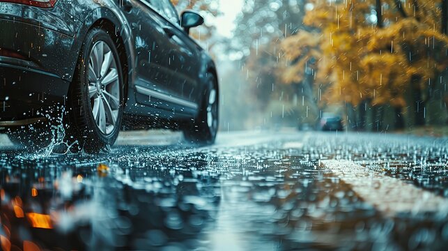 Car tire on a wet road in rainy day, close up view with copy space