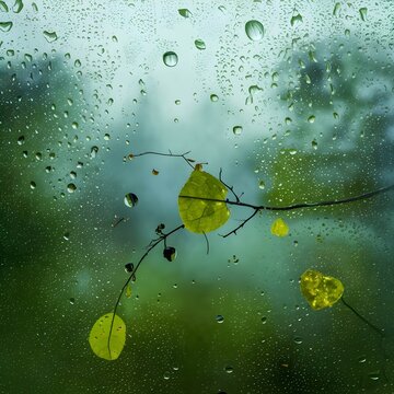 close up ofwater drops on glass in a foged background with leaf