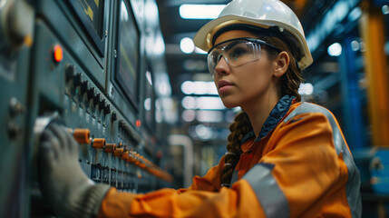 Factory worker using wireless technology to monitor and control machinery - Powered by Adobe