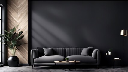 Living room in gray and black, Minimalist design with blank empty dark interior, graphite modern sofa, herringbone beige accent, 3D render