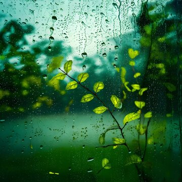 close up ofwater drops on glass in a foged background with leafs