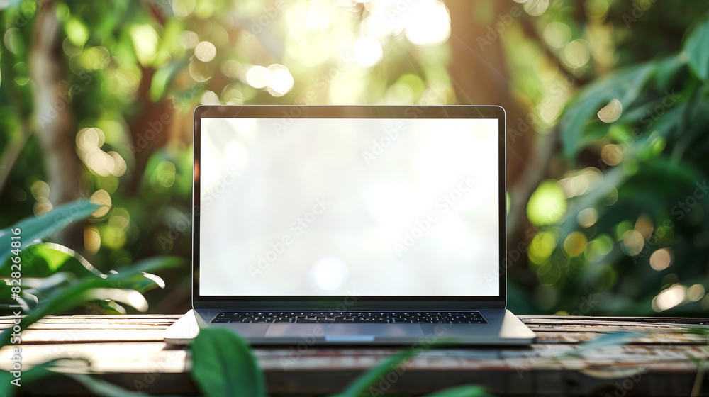 Poster a laptop with a blank screen on a wooden table surrounded by greenery and lit by sunlight, ideal for