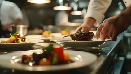 chef is plating up three plates of fine dining food in the kitchen. A closeup of one plate focuses on the meat dish and vegetables