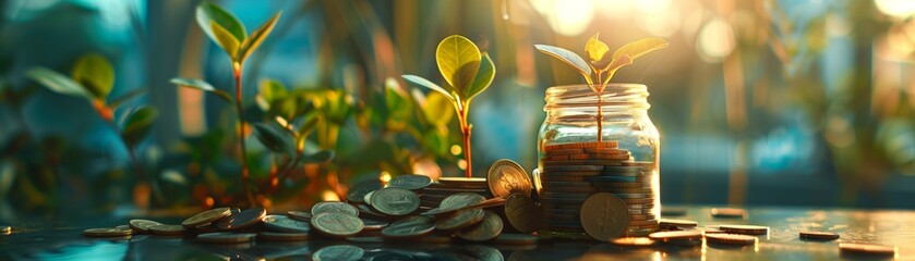 A glass jar filled with coins and a small plant growing inside it, symbolizing financial growth and savings, bathed in warm sunlight. - Powered by Adobe