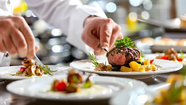 chef is plating up three plates of fine dining food in the kitchen. A closeup of one plate focuses on the meat dish and vegetables