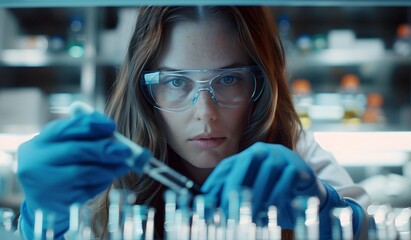Female scientist, wearing glasses and blue gloves is working with test tubes at an advanced lab