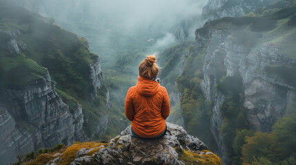Obraz premium women or girl sitting on a rock in the mountains