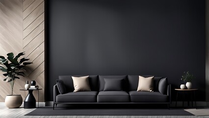 Living room in gray and black, Minimalist design with blank empty dark interior, graphite modern sofa, herringbone beige accent, 3D render