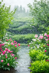 Fototapeta premium spring rain in blooming garden, concept freshness nature weather seasonal background