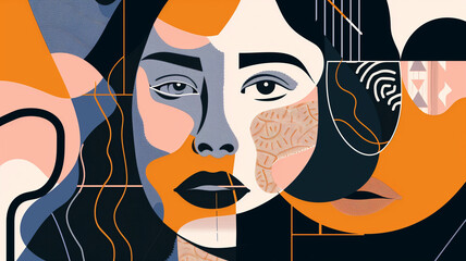 Artistic abstract portrait of a woman featuring a mix of geometric and organic shapes in vibrant colors