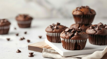 Chocolate muffins placed on a white table