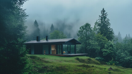 there is a small cabin on a hill with a view of the forest