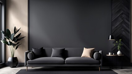 Living room in gray and black, Minimalist design with blank empty dark interior, graphite modern sofa, herringbone beige accent, 3D render