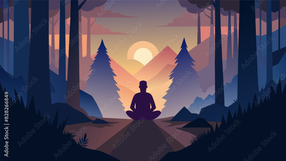 Poster a serene forest as the first light of day breaks through the trees illuminating a person deep in med