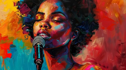 A detailed and vibrant artwork of an elegant woman poised with a microphone, exuding confidence and readiness to speak.