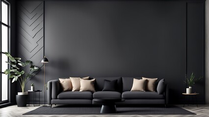 Living room in gray and black, Minimalist design with blank empty dark interior, graphite modern sofa, herringbone beige accent, 3D render