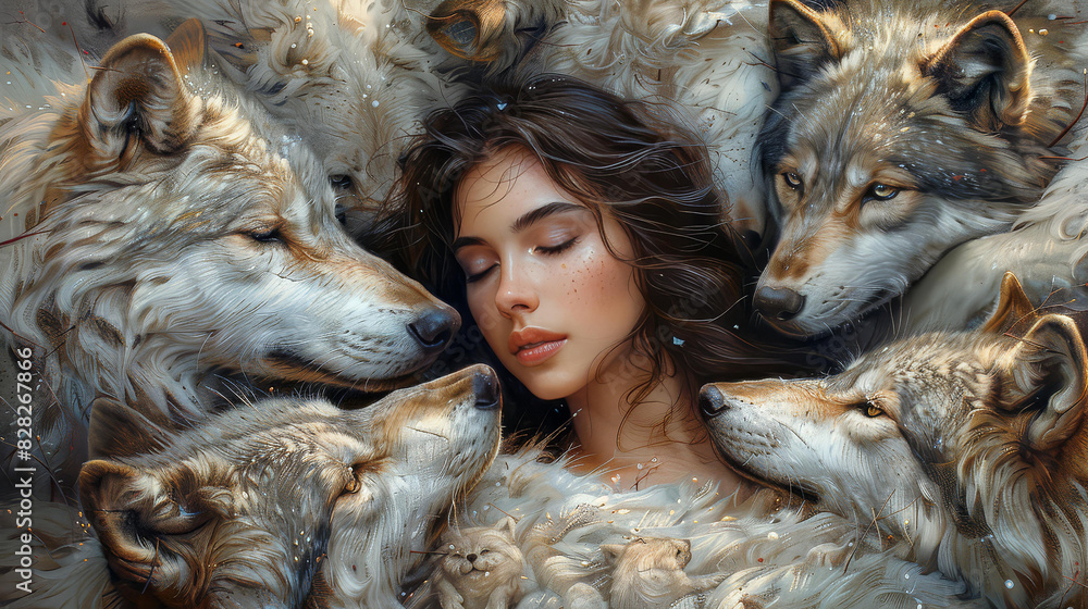 Wall mural mystical illustration of a woman with wolves, realistic fur detail