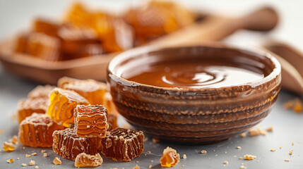 Caramel candies and caramel sauce isolated