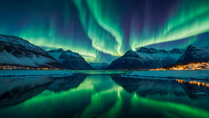 Beautiful landscape with a calm lake surrounded by mountains with the magical northern lights dancing the night sky