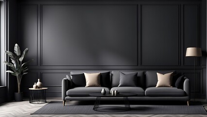 Living room in gray and black, Minimalist design with blank empty dark interior, graphite modern sofa, herringbone beige accent, 3D render