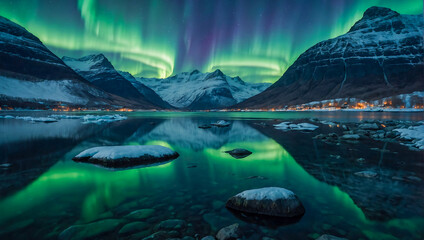 Beautiful landscape with a calm lake surrounded by mountains with the magical northern lights dancing the night sky