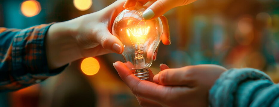 The teacher guides the student's hand, a glowing light bulb symbolizing a spark of understanding.
