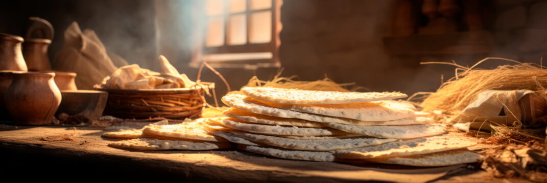 Handmade Matzah bread being prepared in a kitchen, showcasing the traditional baking process. Generative AI