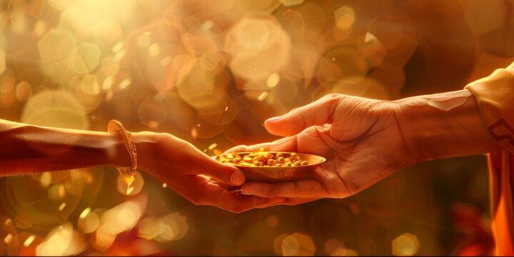 person giving zakat (charitable donation) to the needy during Ramadan, symbolizing the spirit of generosity. Generative AI