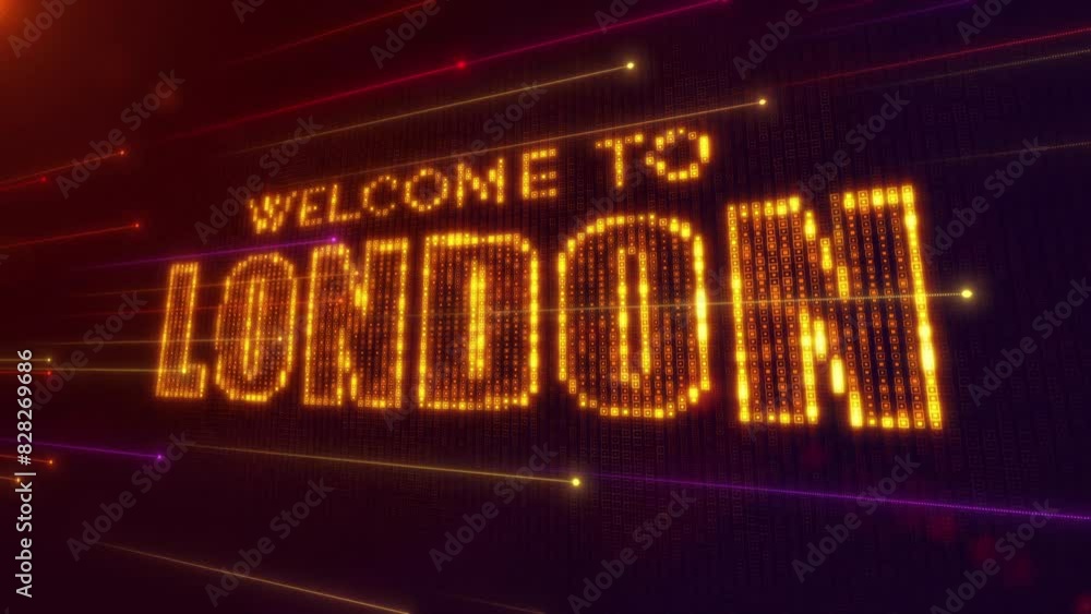 Poster abstract futuristic motion orange purple shiny perspective square hud mosaic grid of welcome to lond