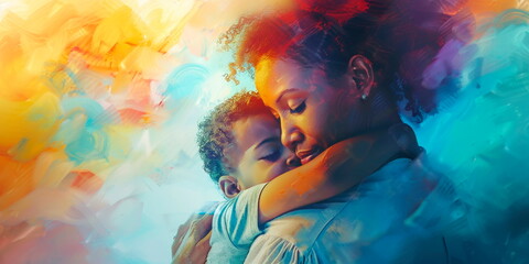 A social worker comforting a child, soothing colors, empathetic expression, oil painting style