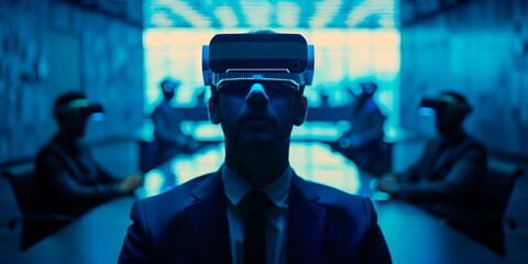 Businessman wearing VR goggles, interacting with a 3D virtual conference room, with avatars of colleagues.